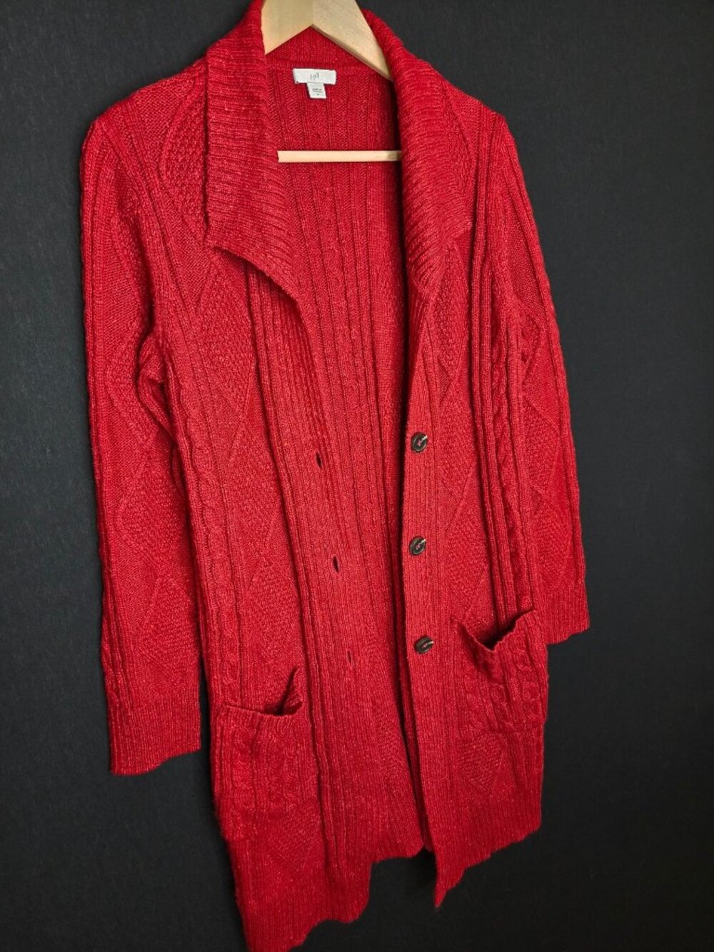 💙 J. Jill Red Cable Knit Long Cardigan Sweater M/L Shawl Collar Button Front - Picture 6 of 8